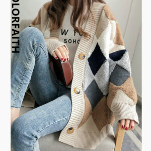 Alternative view of Colorful Plaid Knit Cardigan Lady Lont Sleeve Sweater DL21012