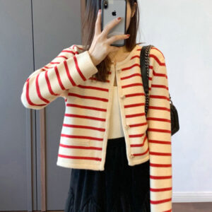 Lady's Cardigan White Black Striped Knitted Sweater DL21013