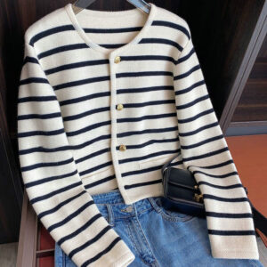 Alternative view of Lady's Cardigan White Black Striped Knitted Sweater DL21013