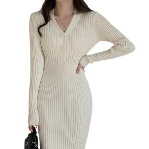 Vintage Knitted Sweater Long Sleeve Women Slim Bodycon Dress DL22002
