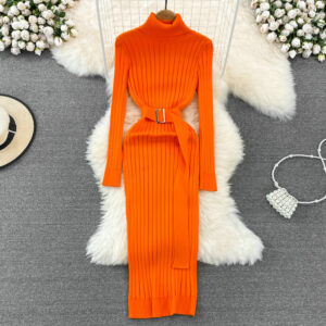 Turtleneck Long Sleeve Bodycon Dress Sexy Ladies Knit Sweater DL22003