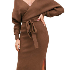 Women's V Neck Sweater Dress Casual Wrap Backless Bodycon Dress DL22005