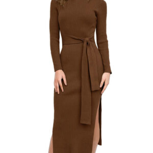 Womens Long Sleeve Knit Sweater Crewneck Tie Waist Slim Dress DL22007