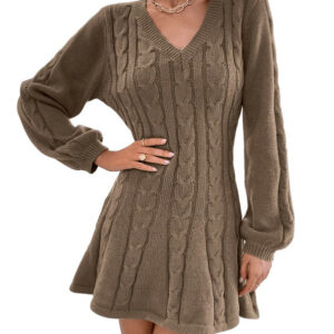 Women's Short V Neck Knit Sweater Soild Long Sleeve Flared Dress DL22008