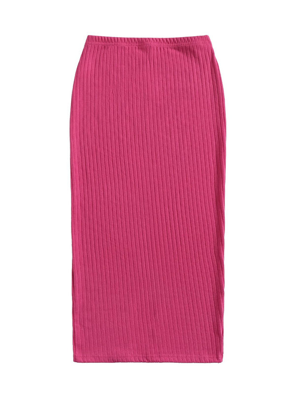 Women's Basic Plain Stretchy Ribbed Knit Split Full Length Skirt DL24004 - Image 4