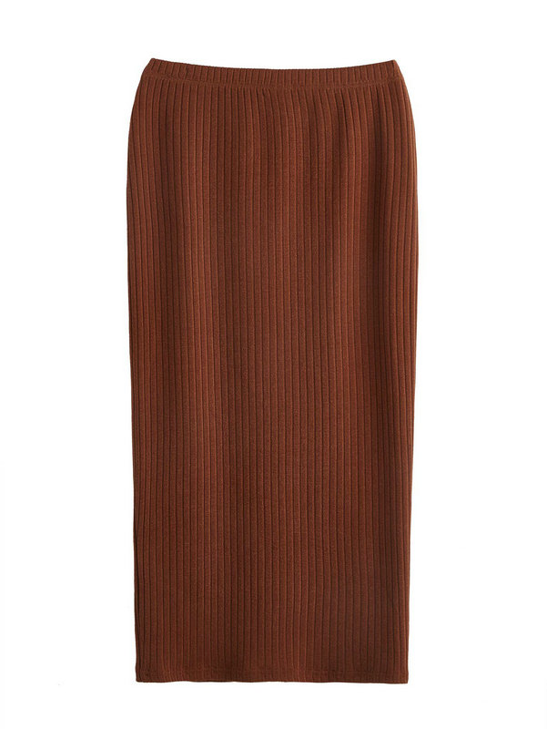 Women's Basic Plain Stretchy Ribbed Knit Split Full Length Skirt DL24004 - Image 6