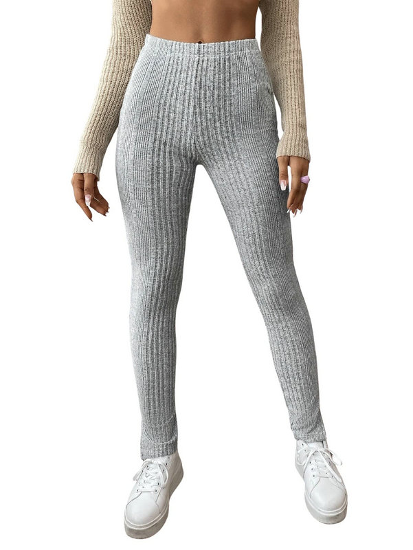 Women's Elastic Waist Split Hem Leggings Solid Rib Knit Work Pants DL25002
