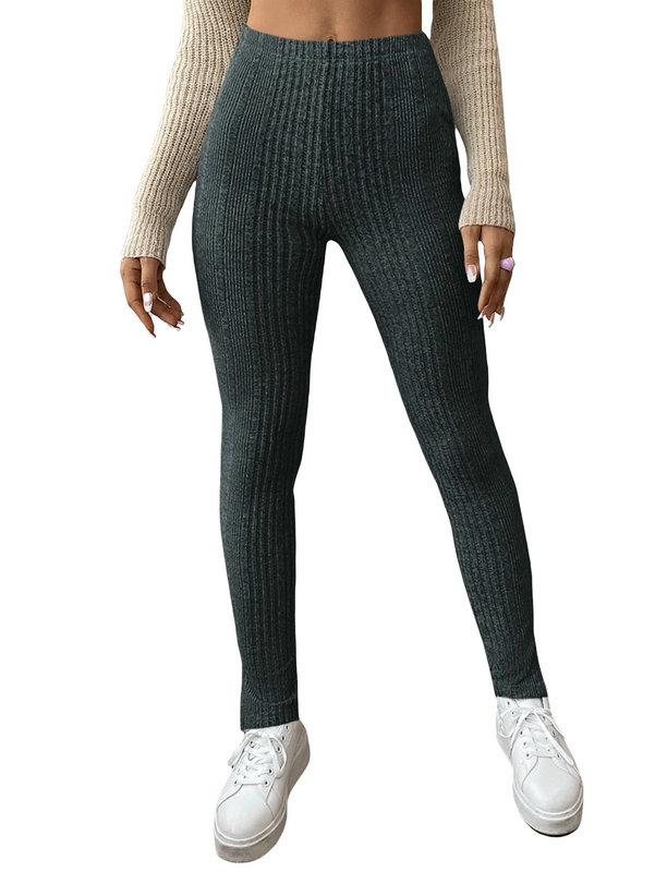 Women's Elastic Waist Split Hem Leggings Solid Rib Knit Work Pants DL25002 - Image 4