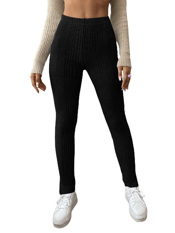 Women's Elastic Waist Split Hem Leggings Solid Rib Knit Work Pants DL25002 - Image 5