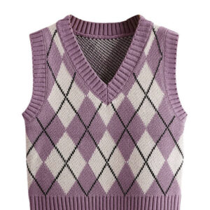 Women's Plaid Geo Knit Crop Top Vest Casual Sweater DL26002